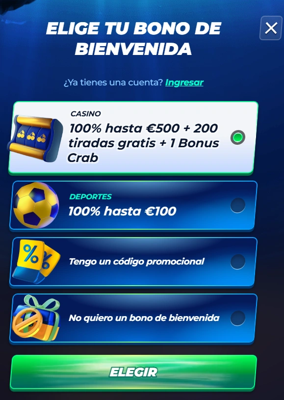 BassBet Casino Registro elección de bonificación